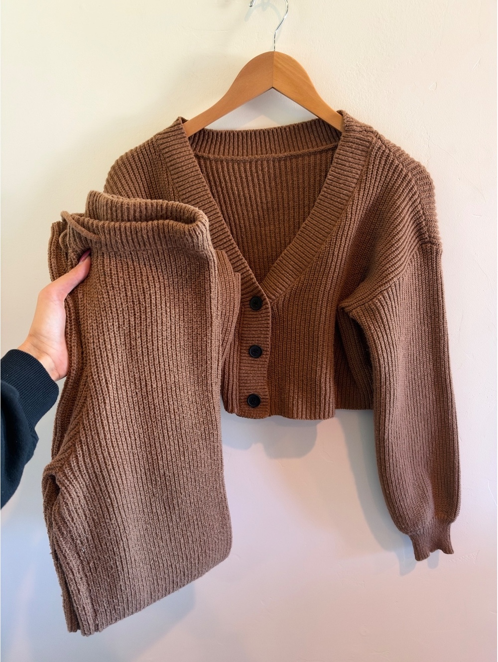 Brown Ribbed Knit Matching Set Cropped Cardigan & Pants Size Medium